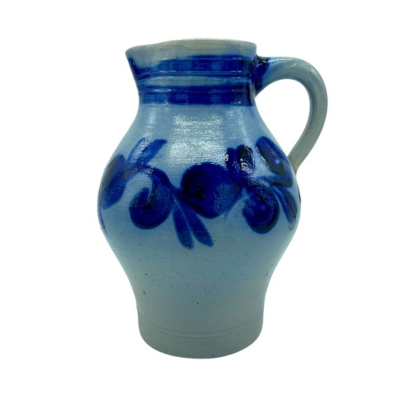 Vtg Flow Blue Salt Glazed Pottery Pitcher Floral 8.5" Unsigned